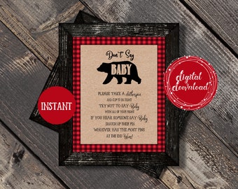 Editable in Jet Template  Lumberjack Bear Baby Shower Don't Say Baby Clothespin Game Sign, Buffalo Check, Plaid, Digital Download