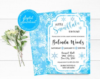 Personalized Little Snowflake Baby Shower Blue Invitation Snow Flake Invite Winter Blue White Snowflakes Digital Download Printable