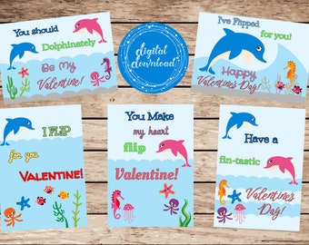 Printable Dolphin Valentine's Day Cards, Great for School Classroom Valentine Exchange Print Now Instant Digital Download