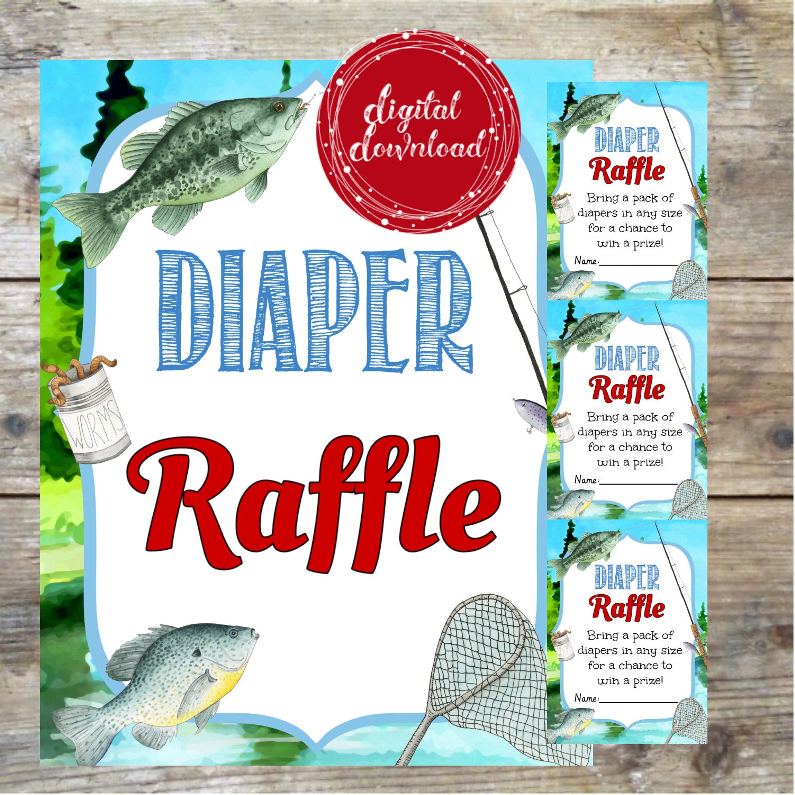 Fishling Ruffle Fishing Baby Shower Diaper Raffle Sign and Tickets, Game, Lures, Rod ...