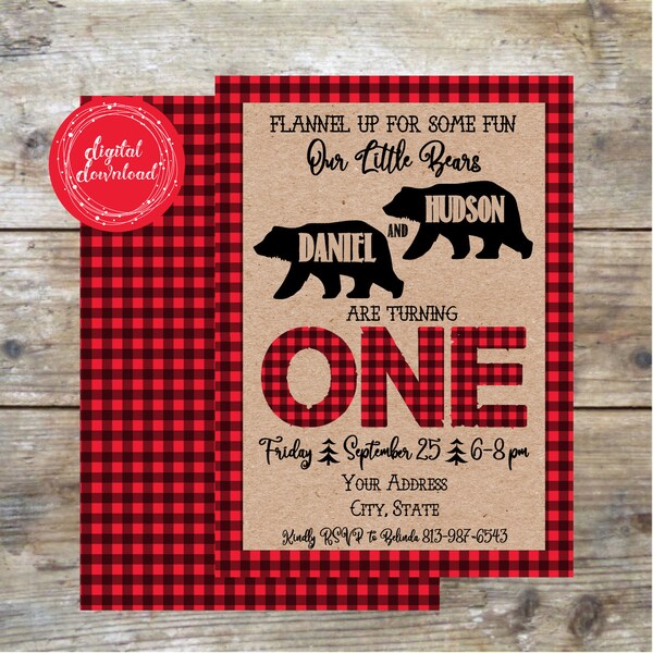 Personalized Twin Winter Lumberjack Little Bear Buffalo Check Flannel Plaid First Birthday Invitation Digital Download Printable