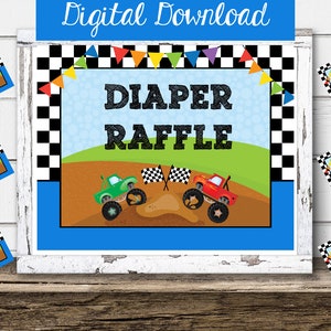 Printable Monster Truck Baby Shower Diaper Raffle 8x10 Sign, Racing Checks, Boy, Instant Digital Download