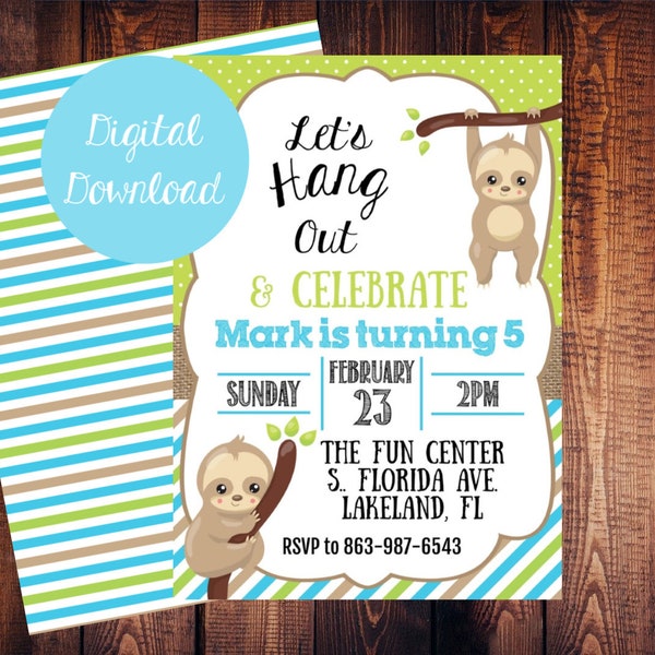 Personalized Sloth Birthday Party Invitation, Blue and Green, Boy's Any Age Party Invite, Let's Hang Out, Digital Download Printable