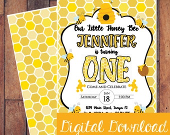 Personalized Honey Bee Birthday, Our Little Honey is Turning One, Bee First Birthday Digital Download Printable