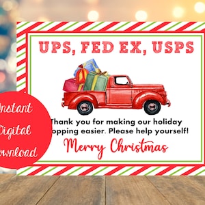 UPS, Fed Ex, USPS Delivery Driver Thank You Sign, Christmas Package Delivery Sign, Delivery Driver Holiday Snack Sign, Red Truck Sign