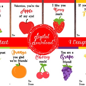 Fruit Valentine&#39;s Day Cards,  9 Different Designs, School Classroom Valentine Exchange, Fruits, Printable Instant Digital Download