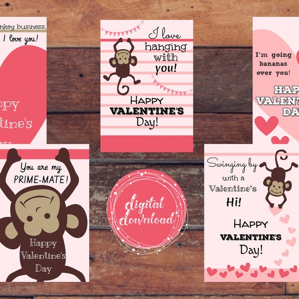 Printable Valentine's Day Cards, Great for School Classroom Valentine Exchange, Cute Monkey, Pink Hearts, Print Now Instant Digital Download