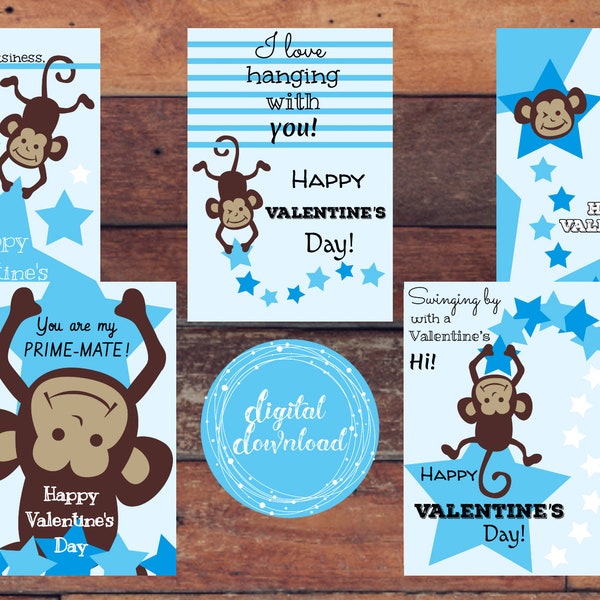 Printable Valentine's Day Cards, Great for School Classroom Valentine Exchange, Cute Monkey, Blue, Stars, Print Now Instant Digital Download