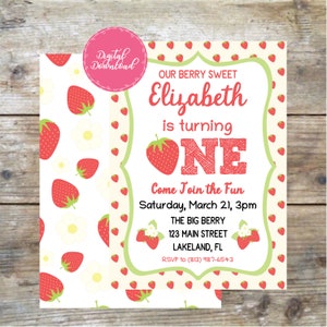 Personalized Strawberry First Birthday Invitation, Berry Sweet is turning One, Invite, 5x7 Printable Digital Download