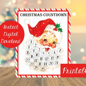 Vintage Santa Countdown to Christmas Calendar, Santa's Beard Countdown Calendar, Cotton Balls Santa, 8.5x11 Instant Printable Download