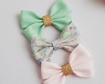 Hair bow set 3pcs, Liberty hair bow // Lot 3 nœuds cheveux, Barrette croco, Magique, Antiglisse, Bandeau fin, Cadeau fille