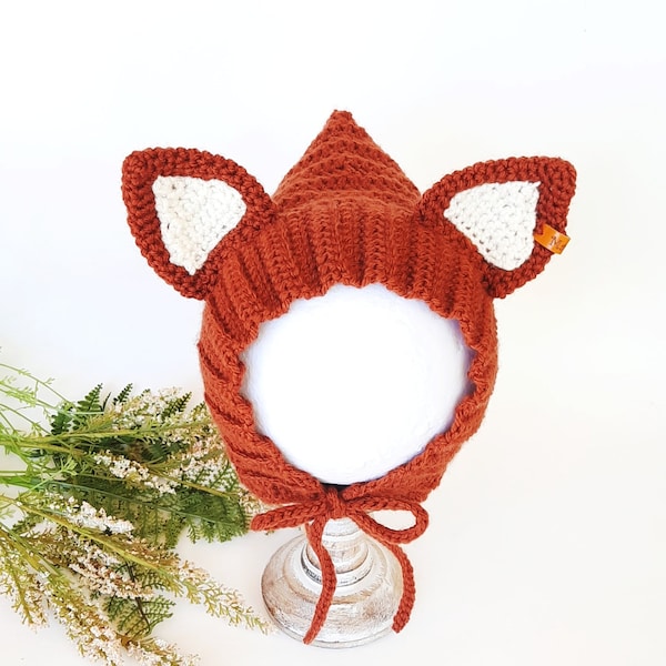 Crochet animal fox hat, Pixie fox bonnet for babies, toddler or children, Perfect christmas gift, More sizes available..