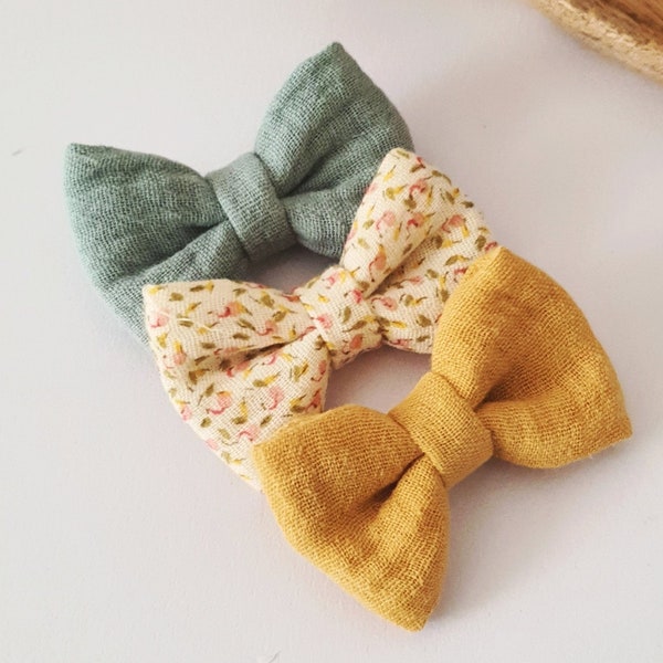 Haarschleifen-Set 3-tlg. // 3er-Set Mädchen-Haarspangen, TRIO-Haarspangen mit Schleife, Doppelgaze, Baumwolle, Mädchengeschenk, Baby-Mädchen
