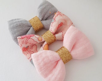 Lot de 3 barrettes fille, Barrettes Noeud TRIO, Double gaze, Coton, Cadeau fille, bébé