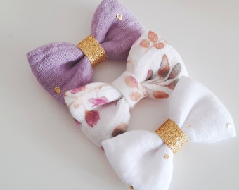 Hair bow set 3pcs // Lot de 3 barrettes fille, Barrettes Noeud TRIO, Double gaze, Coton, Cadeau fille, bébé fille