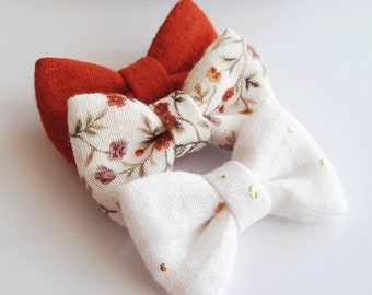 Hair bow set 3pcs // Set of 3 girl barrettes, TRIO knot barrettes, Double gauze, Cotton, Girl gift, baby girl