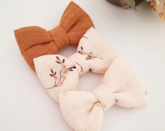 Set of 3 girl's hair clips, TRIO bow hair clips, double gauze, cotton, gift for girls, baby