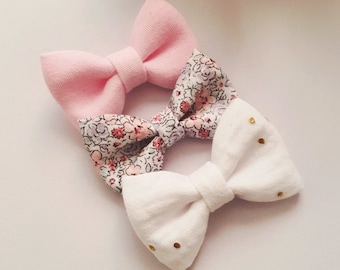 Hair bow set 3pcs // Lot de 3 barrettes fille, Barrettes Noeud TRIO, Double gaze, Coton, Cadeau fille, bébé