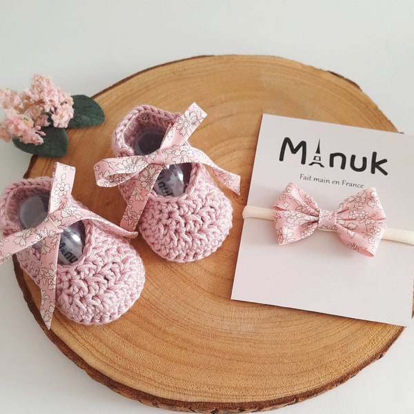 Baby girl gift set 2pcs Crochet Ballerine shoes 0-3months,Liberty of London headband,Baby shower,Birthday gift / Emsebme bebe fille 0-3mois