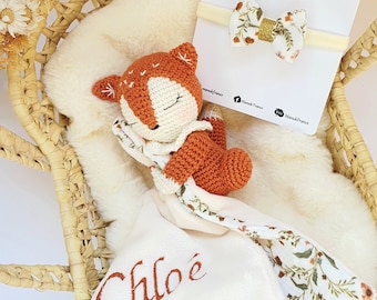 Custom Fox Lovey, Hair bow, Baby shower Gift box//  Doudou Renard Personnalisé, Doudou attache tétine, Barrette cheveux, Coffret naissance