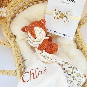 Custom Fox Lovey, Hair bow, Baby shower Gift box// Personalized Fox comforter, Pacifier clip comforter, Hair barrette, Birth box