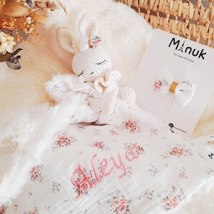 Baby Girl Set, Personalized RABBIT Comforter, Pacifier Clip, Hair Bow, Gift Idea for Newborn Baby Girl