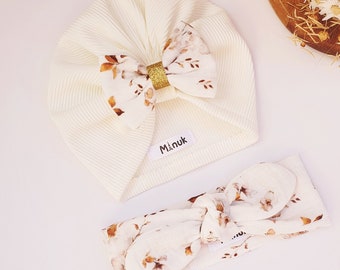 Baby girl gift set, turban with removable bow, baby tie headband // Baby girl gift box, baby turban, headband