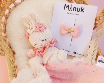 Coffret Naissance, Doudou Lapin , Doudou attache tétine, Barrette cheveux, Cadeau Baby shower Naissance