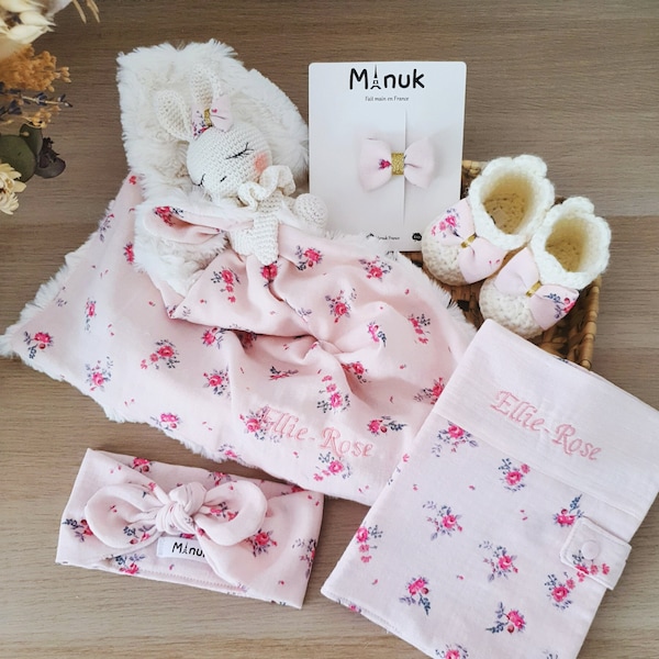 Coffret Naissance Personnalisé, Doudou personnalisé, Protège carnet de santé, Bandeau a nouer, Chaussons bébé, Noeud cheveux bébé, 0/3m