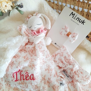 Personalized Baby Girl Gift Box, Doudou Crochet Rabbit, Doudou Attach pacifier, Headband tie size 0/3 months,, Hair clip