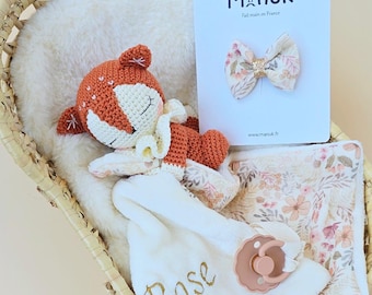 Custom Fox Lovey, Hair bow, Baby shower Gift box// Personalized Fox comforter, pacifier clip comforter, hair clip, birth gift box