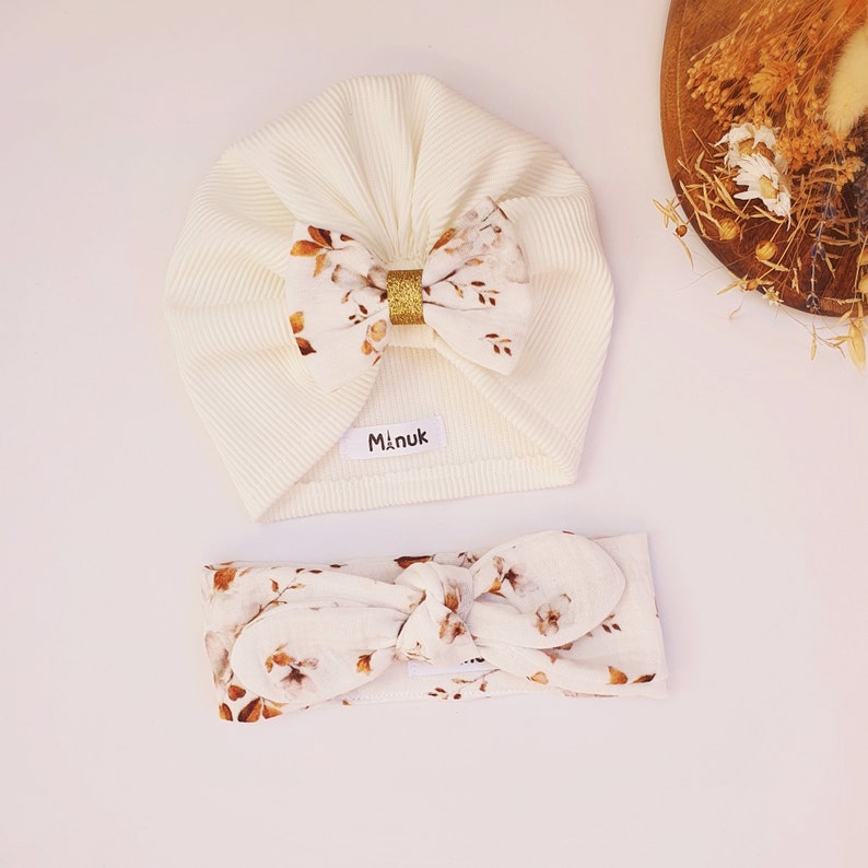 Coffret Naissance Bébé fille , Turban avec Noeud Amovible, Bandeau a nouer bébé // Baby girl gift box, Baby turban , Headband image 5