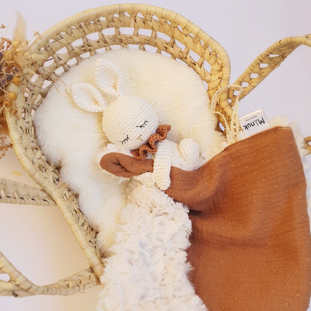 Personalized Flat Comforter, Crochet Rabbit, Pacifier Clip, Cuddly