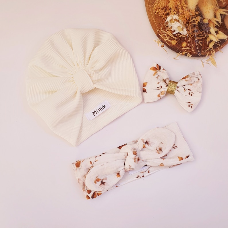 Coffret Naissance Bébé fille , Turban avec Noeud Amovible, Bandeau a nouer bébé // Baby girl gift box, Baby turban , Headband image 7