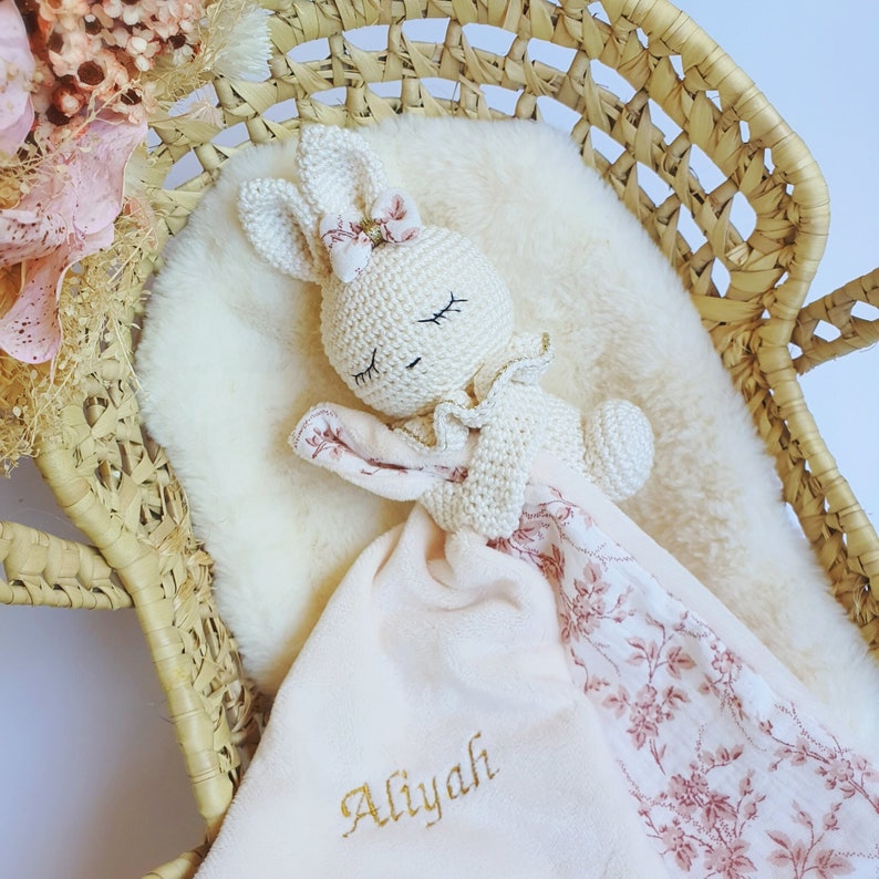 Personalized RABBIT comforter, pacifier attachment comforter, Birth Gift image 1