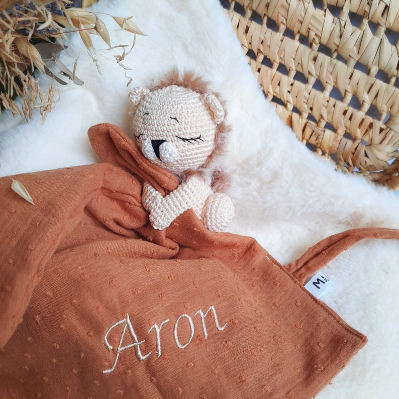 Personalized LION Doudou, Doudou with pacifier attachment, Gift idea image 1