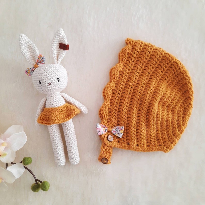 Amigurumi Crochet Bunny With Her Yellow Floral Liberty Of London Bonnet Bebe Beguin Vintage Style Bonnet Au Crochet Bebe Fille Accessories Children S Photo Props