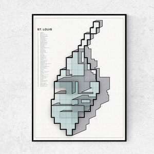 Può includere: Un'illustrazione in bianco e nero della città di St. Louis, Missouri, raffigurata come una città stilizzata con uno schema di colori grigio e blu. L'illustrazione è incorniciata in una cornice nera.