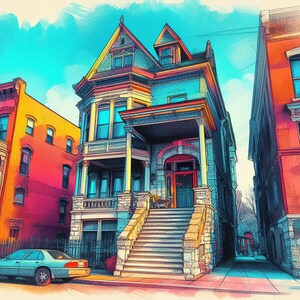 Detroit Home at Sunset - Stampa artistica di paesaggio urbano, arredamento urbano vintage, schizzo del tramonto del Michigan, arte della parete della città automobilistica