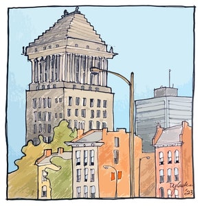 May include: A hand-drawn illustration of a cityscape with a tall building in the center, surrounded by smaller buildings. The sky is blue and the buildings are a mix of brown, orange, and gray.