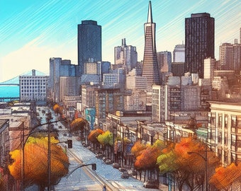 San Francisco Skyline Color Sketch, San Francisco Wall Art, San Francisco Art Print