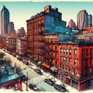 Rustic Cityscape: Red Brick Warehouses and Urban Highrises Art Print