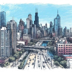 Vibrant Chicago Skyline Color Sketch