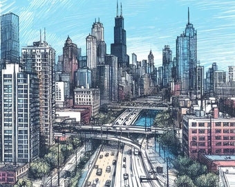 Vibrant Chicago Skyline Color Sketch