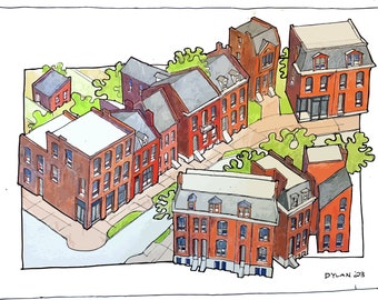 Peut inclure: Une illustration à l'aquarelle d'une rangée de bâtiments en briques rouges avec des toits gris. Les bâtiments sont dessinés d'une perspective aérienne, avec la rue et les trottoirs visibles. L'illustration est signée "DYLAN '23".