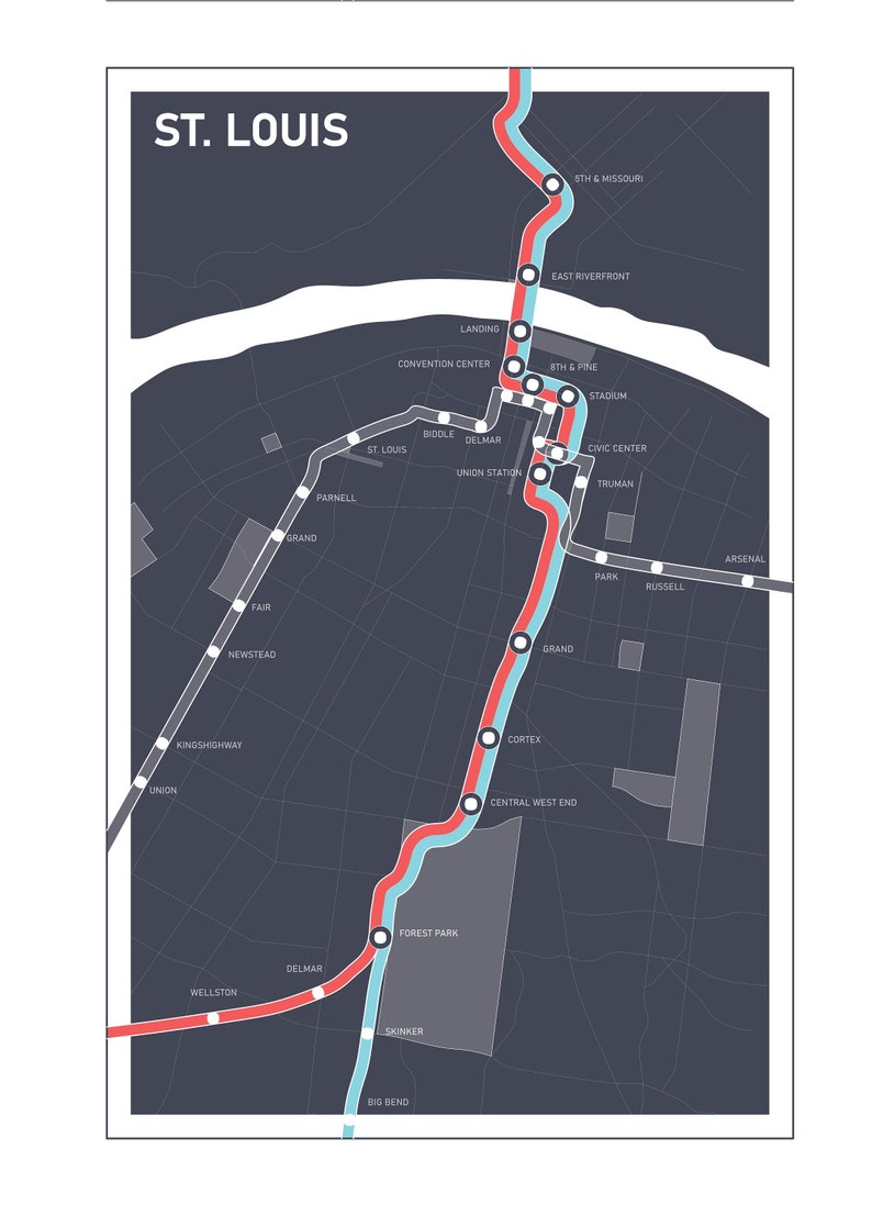 St. Louis Transit Map, Metrolink, Red line-Blue Line, Digital Prints, Wall Décor, Custom Map Print image 2