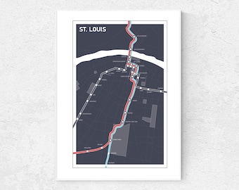 St. Louis Transit Map, Metrolink, Red line-Blue Line, Digital Prints, Wall Décor, Custom Map Print