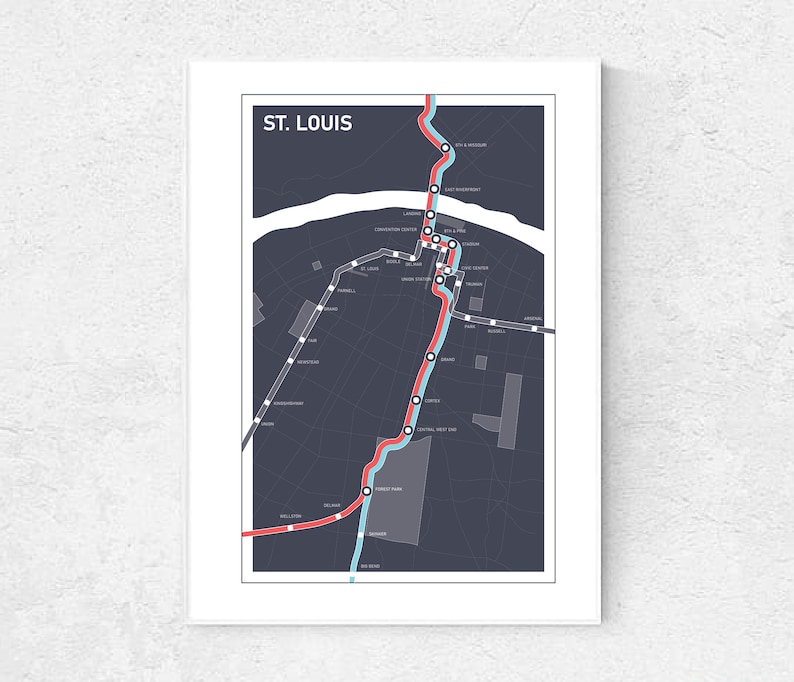 St. Louis Transit Map, Metrolink, Red line-Blue Line, Digital Prints, Wall Décor, Custom Map Print image 1