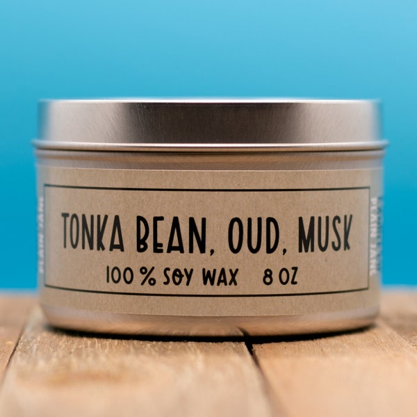 Tonka Bean, Oud & Musk Scented Candle - Free Shipping | Plain Jane | Soy Candles | Plant Based | Novelty Candles | Clean Design