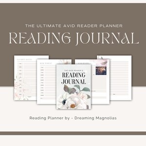 May include: A printable reading journal planner with a floral design. The cover features the text "The Avid Reader's Reading Journal". The pages include sections for favourite quotes, book wishlist, and book reviews.